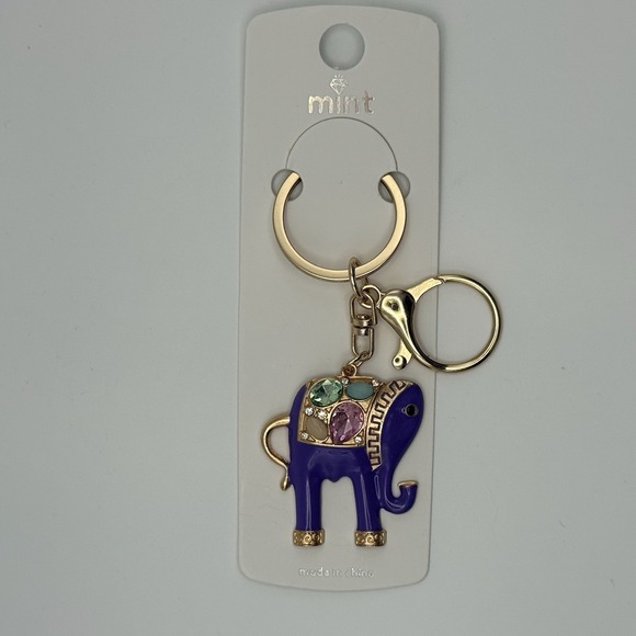Purple  Elephant Rhinestone Gold Key Chain Purse Backpack Charm Keychain - Picture 2 of 4
